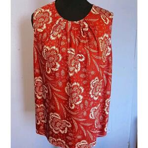 Talbots Pleated Red Floral Satin Silk Sleeveless Blouse Size 14W Stretch Pleated